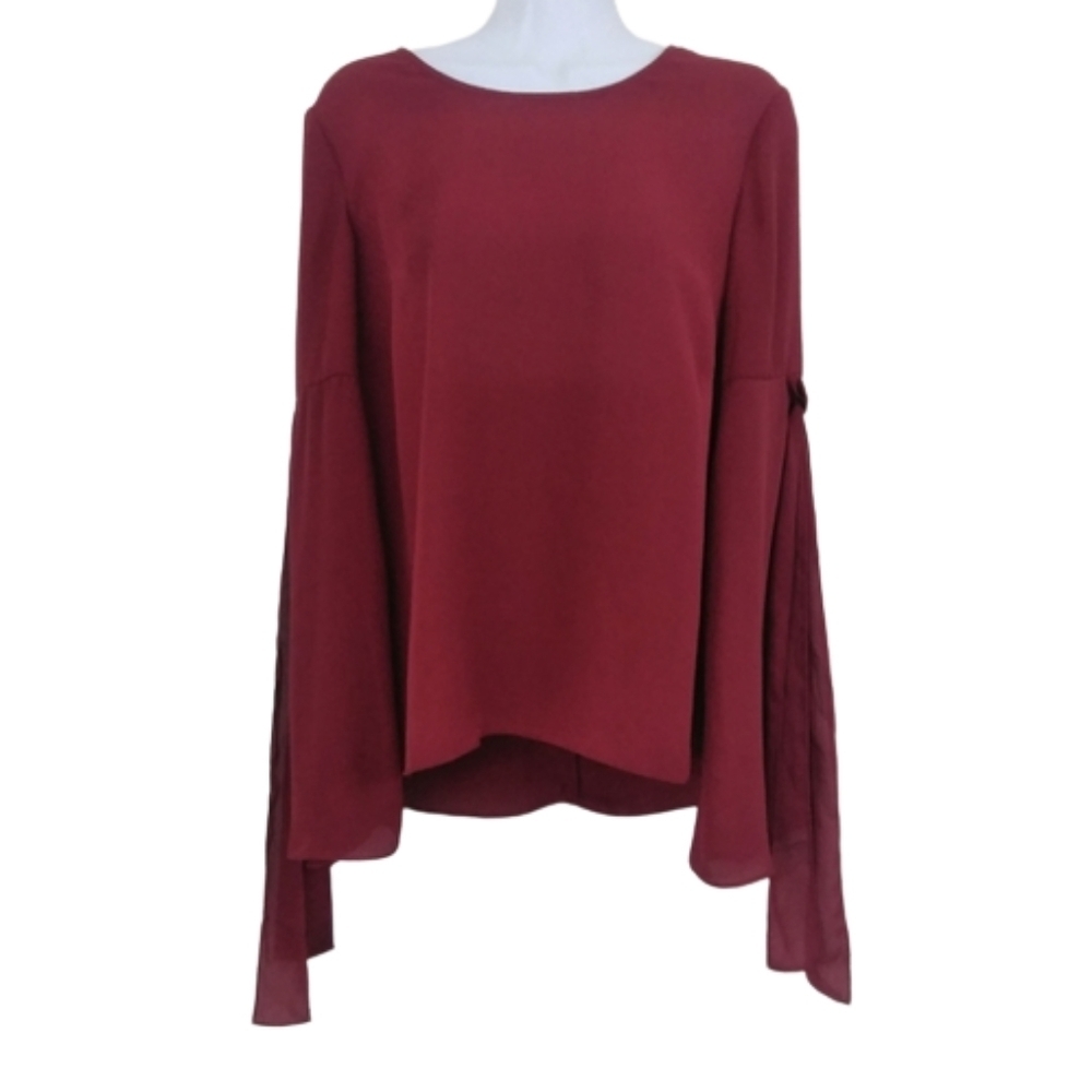 DownEast Red Boho Flare Sleeve Semi Sheer Lightweight Shirt Top Blouse